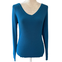 White House Black Market Ribbed Knit Blue V-Neck Sweater M New - £30.54 GBP