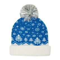 Holiday Time Women&#39;s Snowflake Tree Pom Pom Beanie Hat Blue One Size - £12.59 GBP