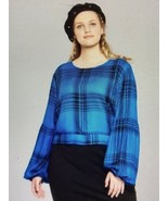 Wild Fable Blouse NEW Blue &amp; Black Plaid Long Sleeve Cropped Tie Back NW... - £9.78 GBP