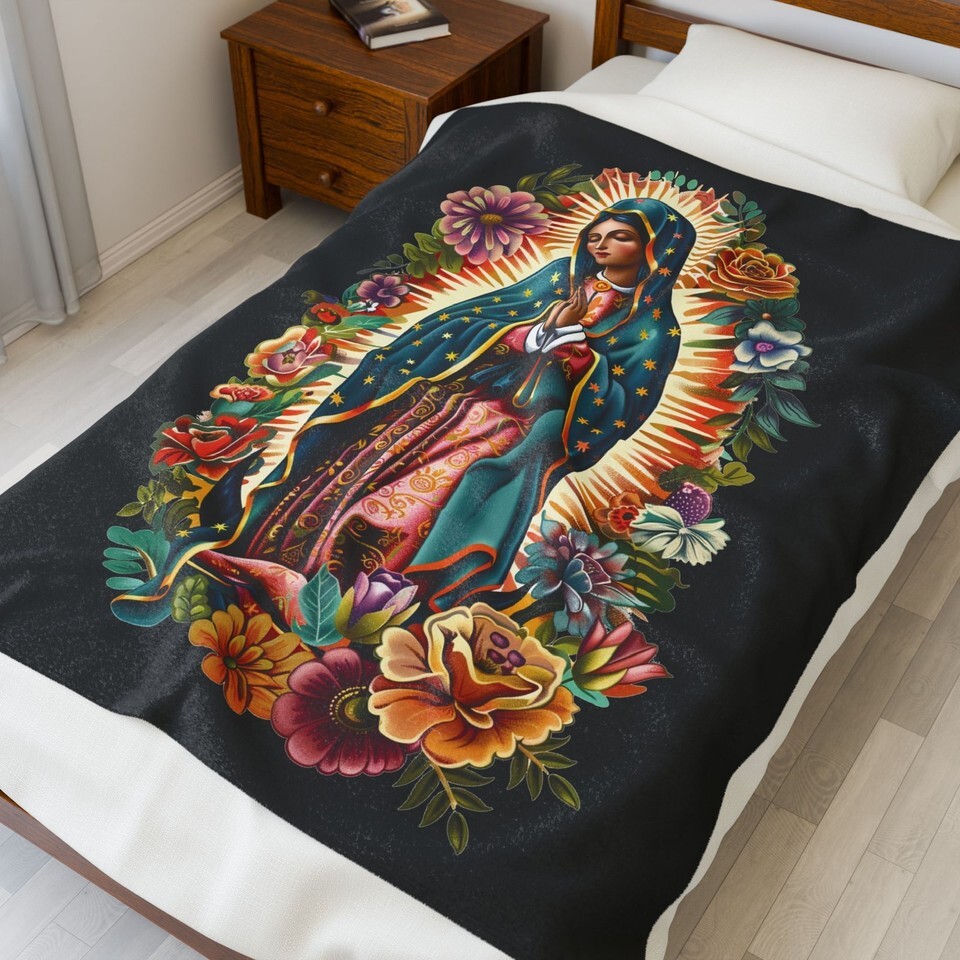 Mexican Virgin of Guadalupe Velveteen Plush Blanket, Cozy Throw for Home Décor Item image 3