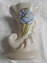 American Bisque Cornucopia Vase Blue Green Rose Flower Gold Accents 4 7/8&quot; Tall - £13.62 GBP