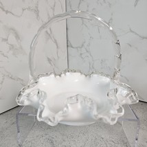 Fenton Silver Crest Ruffled Rim Milk Glass Basket With Handle - $148.86 MXN