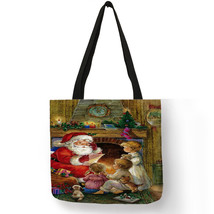 New Femme Sac Noel Women Shoulder Bag Cute Christmas Cat Prints Eco Linen Reusab - £13.88 GBP