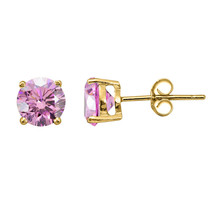 14K Yellow Gold Plated Round Pink Cubic Zirconia Stud Earrings Sterling Silver - £36.93 GBP