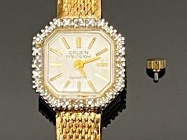 GRUEN Precision Gold Tone Diamond Bezel Quartz Ladies Watch (Crown/Stem Broken) - £17.00 GBP