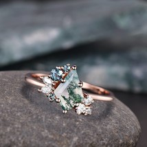 Moss agate ring gold silver unique kite cut green moss agate engagement ring  - £44.79 GBP