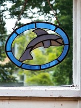 Blue Dolph Oval Suncatcher Stained Glass Nautical Life Wndow Home Decor Vtg 10&quot; - £24.17 GBP