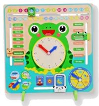 Preschool Educational Clock Frog Kids Toy Calendar Wooden Time Teaching NEW - £8.37 GBP