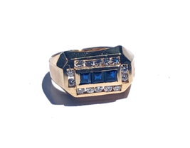 1Ct Natural Sapphire &amp; Diamond Men&#39;s Ring Solid 14K Yellow Gold - £1,161.44 GBP