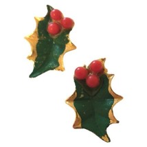 Vtg Holly Berry Leaf Earrings Clips Metal Gold Tone Painted Winter Christmas - £8.68 GBP