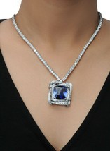 15Ct Cushion Cut Simulated Sapphire Necklace  Gold Plated 925 Silver - £236.61 GBP