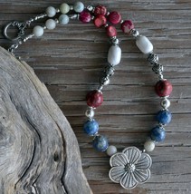 Jasper Necklace with Silver Flower Pendant, Gemstone Tribal Necklace (382) - £22.25 GBP