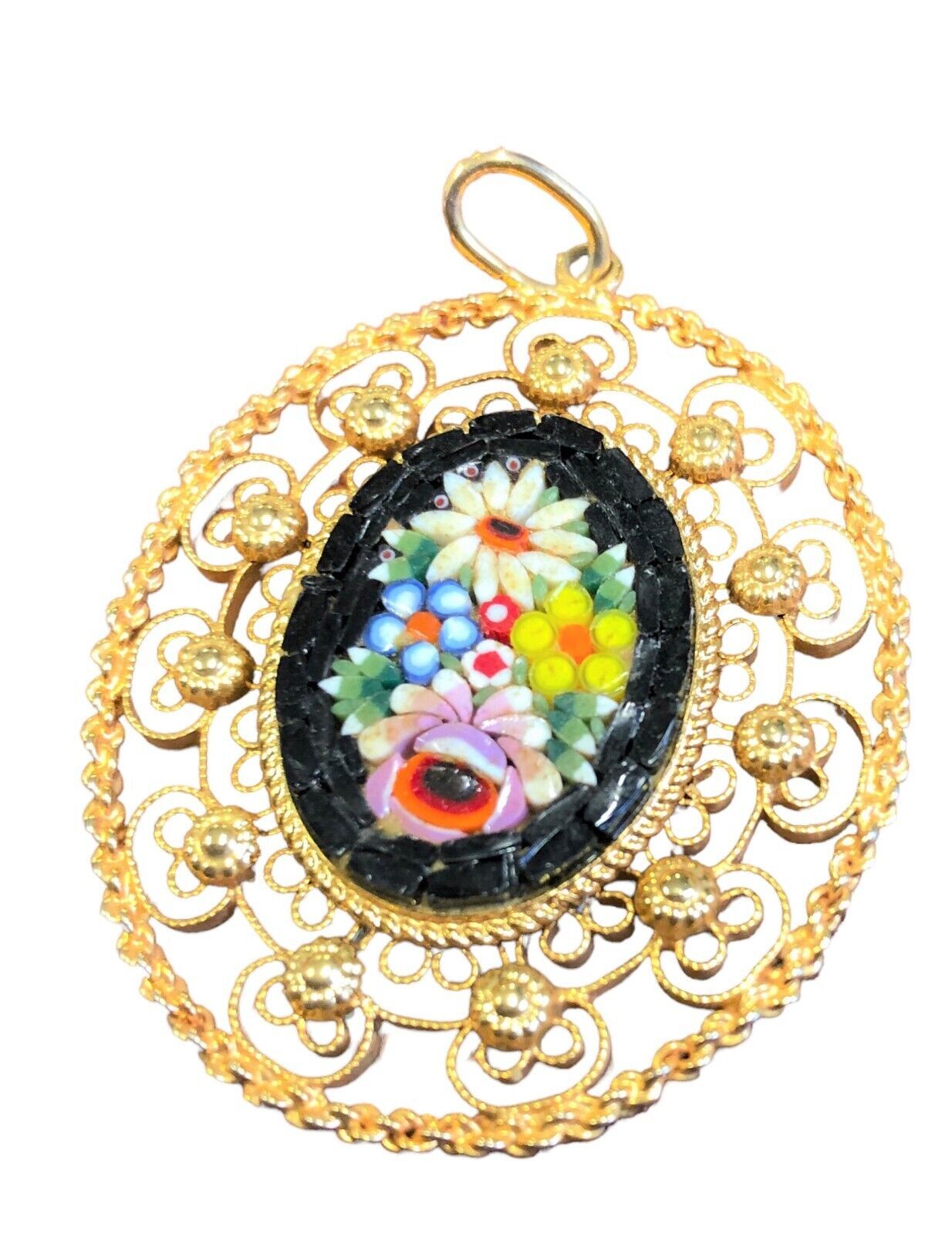 Primary image for Vintage Gold Tone ITALY Micro Mosaic Multi-Color Flower Oval Pendant Filigree