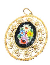 Vintage Gold Tone ITALY Micro Mosaic Multi-Color Flower Oval Pendant Fil... - $39.96