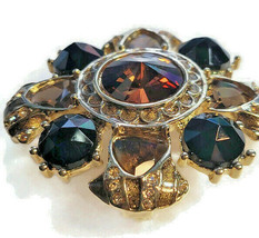 Browns Fashion Brooch Pin Gold-Tone Embossed Crystal Rhinestones Winter  - £15.97 GBP