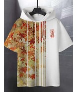 Men&#39;s Japanese Art Maple Leaf Patchwork Striped Print Hooded T-Shirt - £23.79 GBP