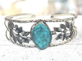 925 Silver Plated Turquoise Plant Bangle Cuff Bracelet Gemstone Handmade - £16.57 GBP