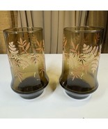 Vintage 70s Set Of 2 Libbey Tinted Amber Glasses With Fern Pattern 16oz EUC - $28.77 CAD