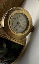 Vintage NORMAN Gold Plated Swiss Watch Cuff Bracelet Faux Jade Hessian Buttons - $74.25