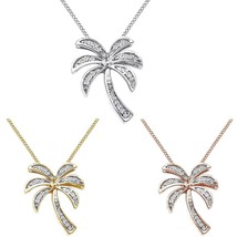 1/10 Ct Simulated Diamond &quot;Palm Tree&quot; Pendant Necklace 14K Gold Plated Silver - £65.45 GBP