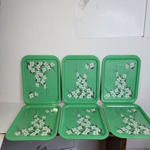 6 Vintage Metal Green W/WHITE Flowers Serving Lap Trays - £54.79 GBP