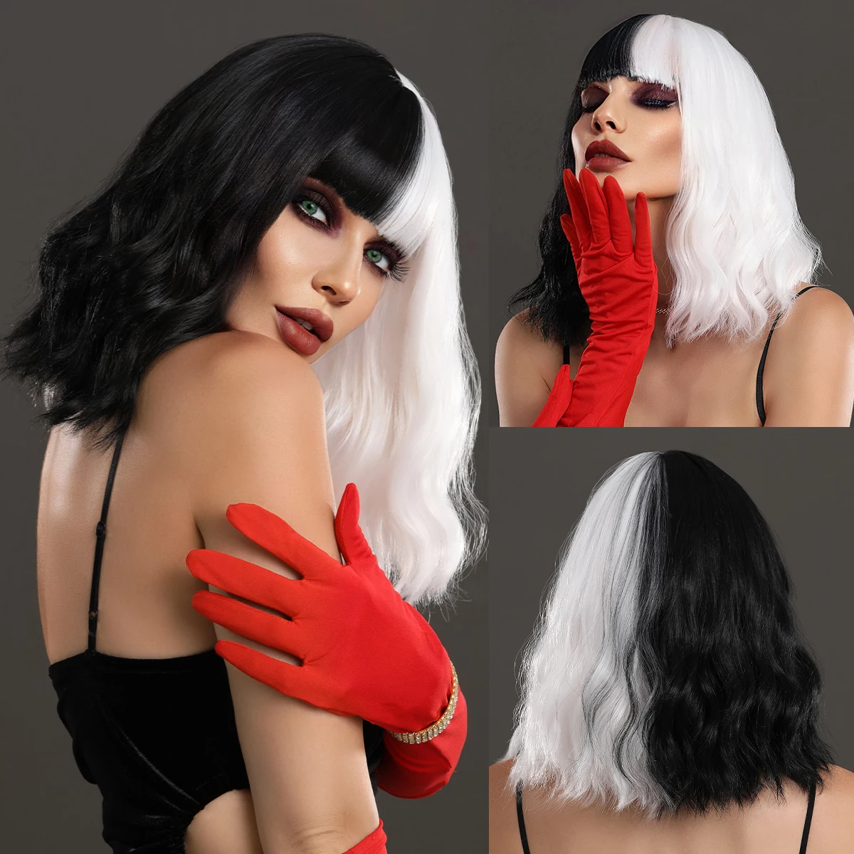 Lloween cosplay wig synthetic hair wig black with white natural bob wavy wig with bangs thumb200