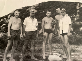 PHOTOGRAPH Bare Chest  Russian USSR Sailors Speedo Beach Sandals Photo 1960s Men - £13.56 GBP