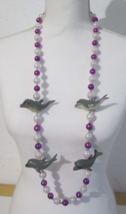 Vintage 20&quot; Mardi Gras Necklace &quot;Dolphin w/Sunglasses&quot; Purple/White/Silver Beads - $7.92