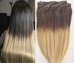 22″ Ombre Balayage Clip in Hair Extensions Real Human Hair Clip on for Full Head - £79.08 GBP