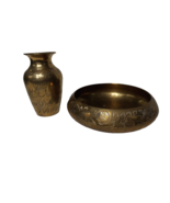 2 Piece Vintage Brass Set, Hand Etched Brass  Vase And Trinket Bowl India - £11.48 GBP