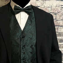 Dark Green Paisley Vest Waistcoat &amp; Bow tie Formal Wedding Prom Tuxedo  ... - £24.43 GBP+