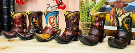 Set Of 6 Western Faux Tooled Leather Cowboy Boots With Spurs Toothpick Holders - £36.73 GBP
