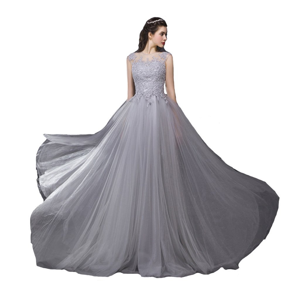 Kivary? Silver Sheer Crew High Neck Tulle Cap Sleeves Long Prom Evening Dreses U