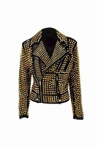 Woman Luxury Black Punk Golden Studded Cowhide Brando Leather Jacket - £295.69 GBP