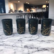 Vintage MCM Juice Set 6 Pieces Terra Cotta Black Gold Wheat Embossed Jui... - $29.87