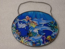 Oval Print Glass Suncatcher Fish &amp; Dolphins Sealife Wall/Window Hanging Decor - $15.84