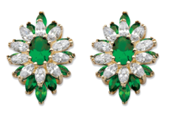 Oval Marquise Cut Simulated Emerald And Cz Floral Gp Earrings 14K Gold - £79.74 GBP