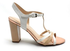 Franco Sarto Ebba White &amp; Tan Beige Patent T Strap Sandals Heels Shoe 9.5 M NWOB - £30.95 GBP