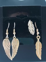 Goldtone Wings &amp; 2 Single Feather Accent Earrings Tribal Boho - £10.82 GBP