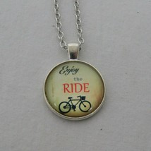 Enjoy the Ride Bicycle Bike Silver Tone Cabochon Pendant Chain Necklace Round - £2.37 GBP