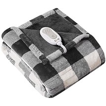 Soft Plush Electric Heated Blanket Throw, White Black Plaid Microlight Therapedi - £58.18 GBP