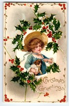 Christmas Postcard Winsch Back Schmucker Girl In Hat Holds Puppy Dog Spa... - $23.94