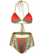 Tribal Bikini Swimsuit XL Halter Triangle Cut Out Sides Gold Womens Swim... - $33.83 CAD