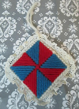 Vintage Handcrafted Yarn &amp; Lace Christmas Tree Ornament Tilted Square Red Blue - £7.24 GBP