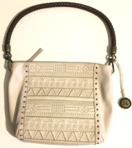 The Sak leather purse / handbag cream color zip close brown strap bag charm - $15.10