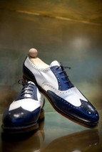 New Men Handmade Leather Wing Tip Two Tone Brogue shoes, Men White &amp; Blu... - £124.51 GBP