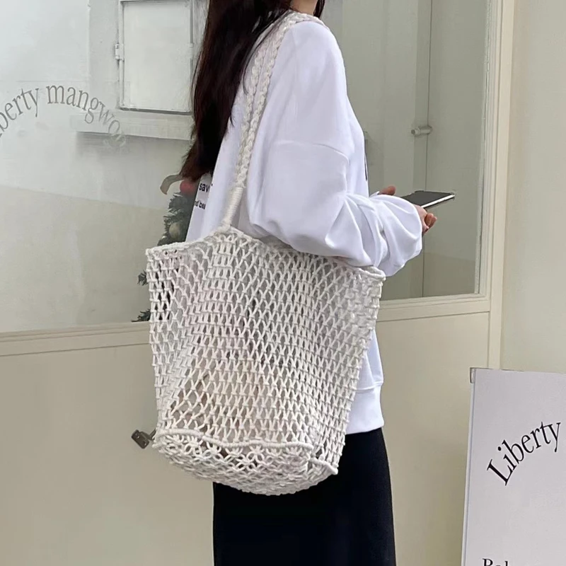 2023  Cotton Thread  Women Handbags Ladies Net  Out Tote Bag Women Woven  Bag Be - £139.72 GBP