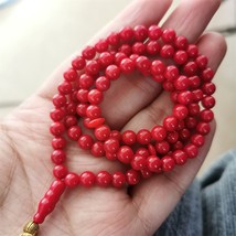Islamic Prayer Beads Muslim Tespih Silver Tasbih Natural Red Coral Stone Rosary  - $34.37