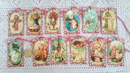 12 Pcs Floral Pink Bunnies Gift Vintage Linen Hang Tags #MNSD - £13.43 GBP