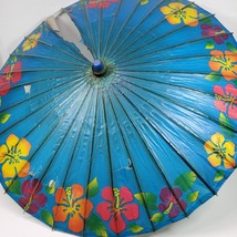 Vintage Handmade Asian Parasol Bamboo Paper Umbrella Blue Hand Painted - $36.47